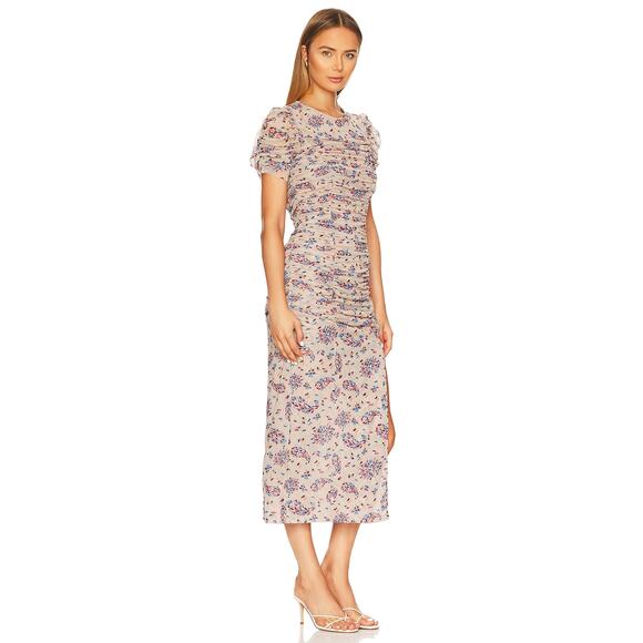 Free People Briella Dress Ruched Midi Tea Combo Floral Side Slit Puff Sleeve M - Picture 4 of 15